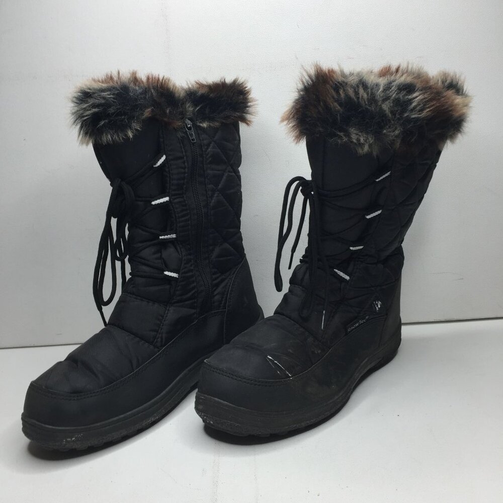 SnowTec Womens Black Quilted Winter Snow Boots Fur Top Zipper Laces Size 10